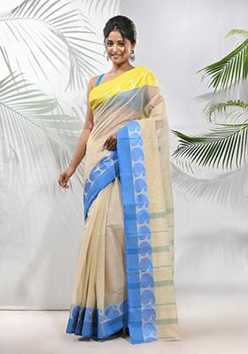 Cream Woven Design Pure Cotton Saree Set