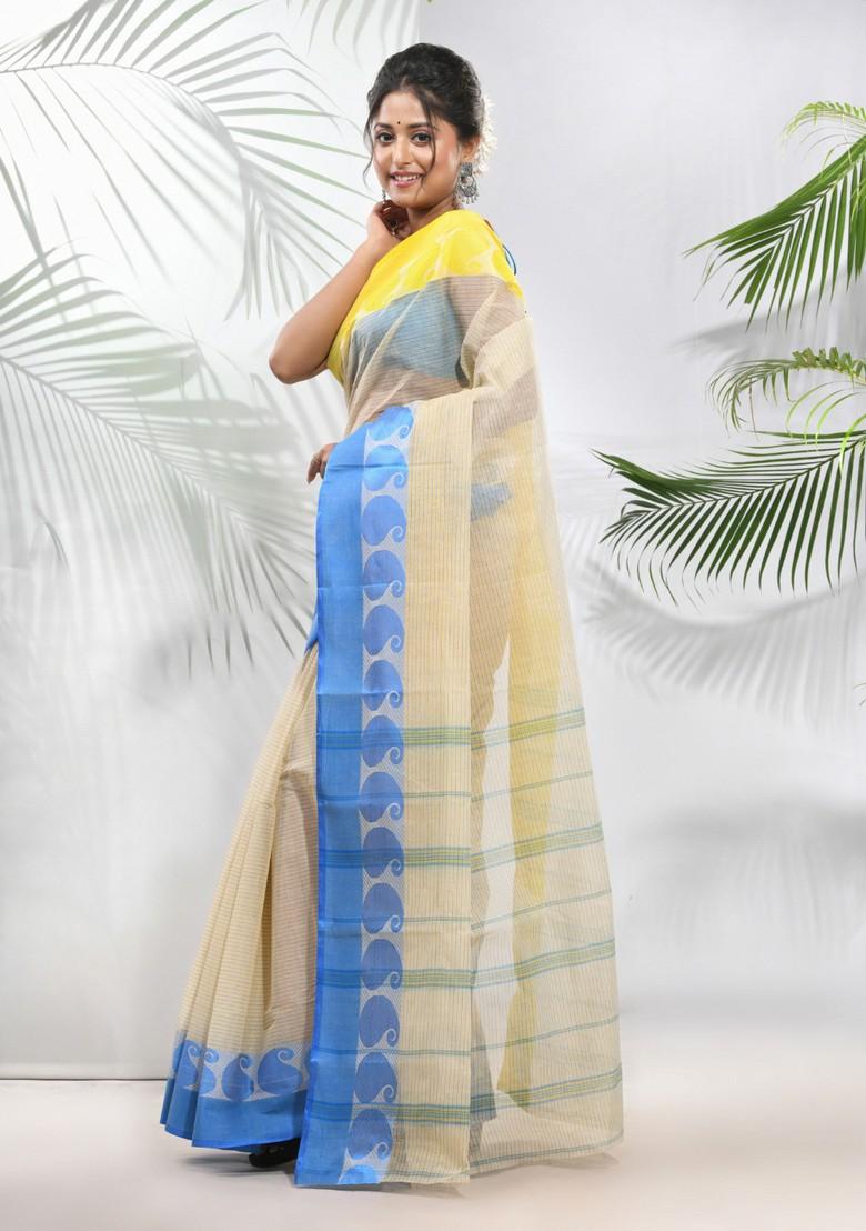 Cream Woven Design Pure Cotton Saree Set - Indya