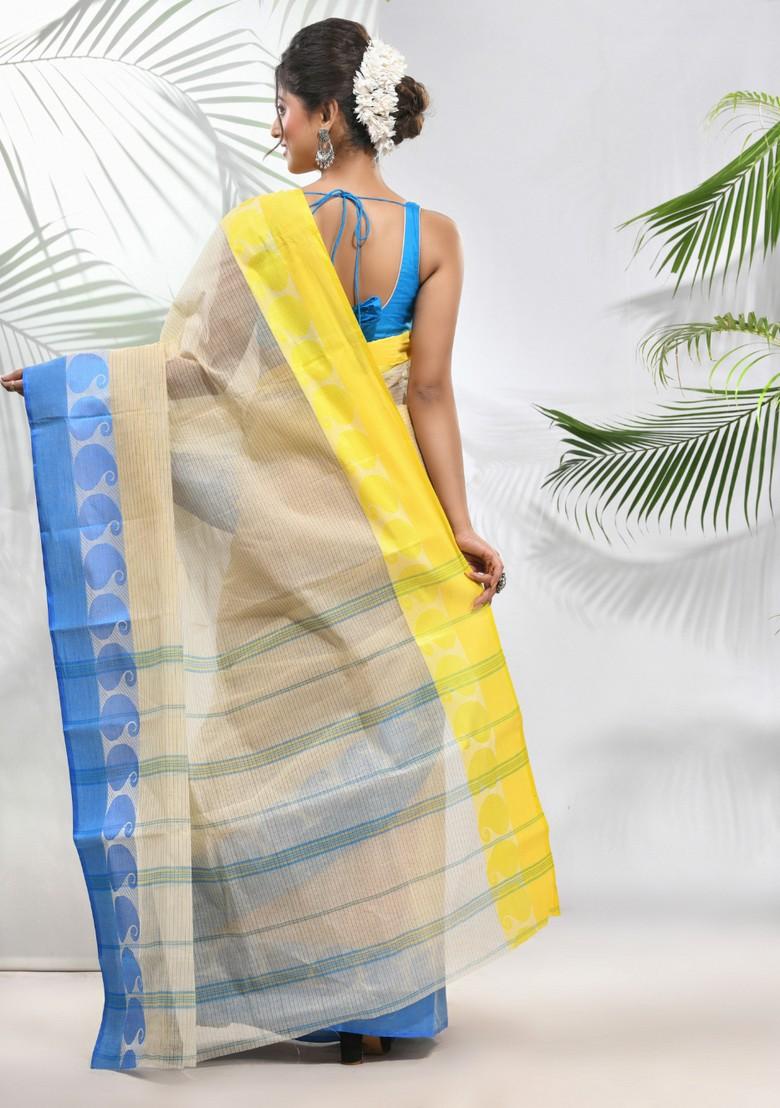 Cream Woven Design Pure Cotton Saree Set - Indya