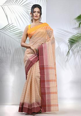 Beige Woven Design Pure Cotton Saree Set