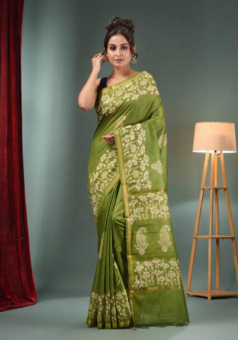 Light Green Woven Floral Print Silk Blend Saree Set