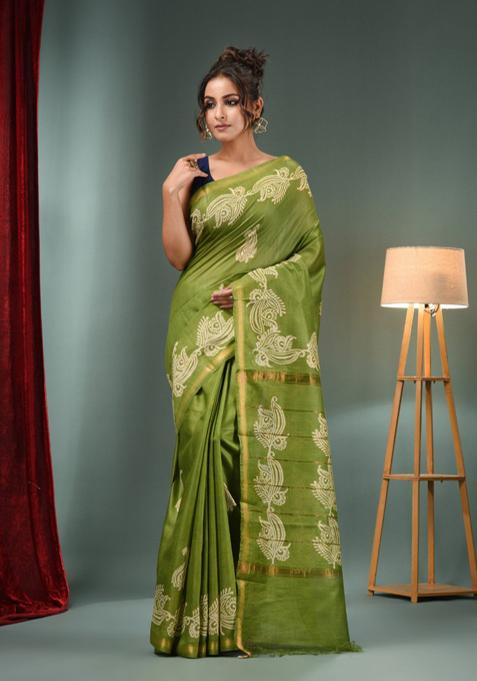 Light Green Woven Paisley Print Silk Blend Saree Set