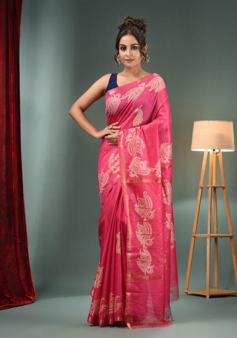 Pink Woven Paisley Print Silk Blend Saree Set