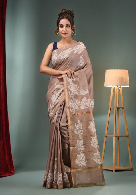 Beige Woven Paisley Print Silk Blend Saree Set