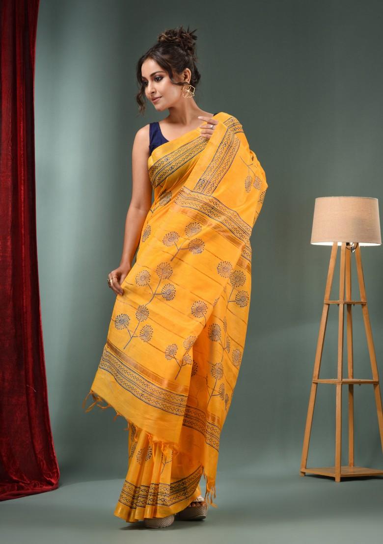Yellow Woven Floral Print Silk Blend Saree Set