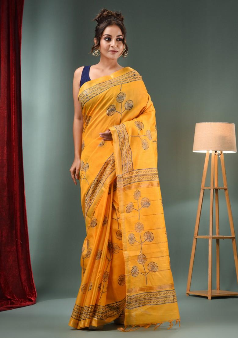 Yellow Woven Floral Print Silk Blend Saree Set
