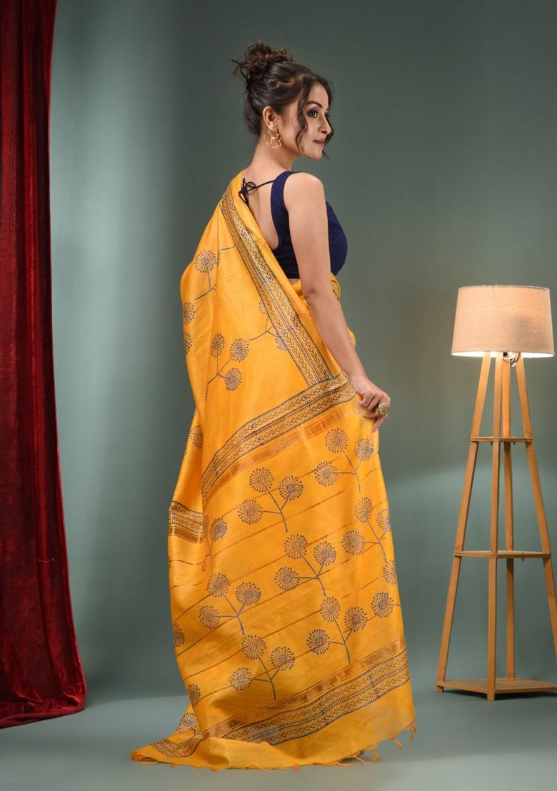 Yellow Woven Floral Print Silk Blend Saree Set