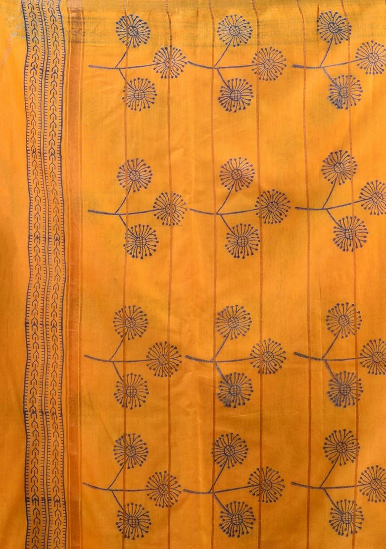 Yellow Woven Floral Print Silk Blend Saree Set