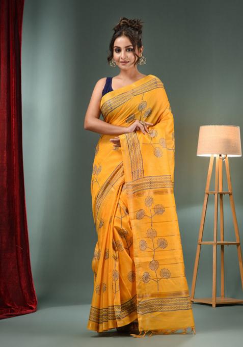 Yellow Woven Floral Print Silk Blend Saree Set