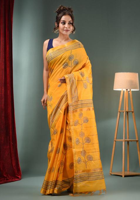 Yellow Woven Floral Print Silk Blend Saree Set