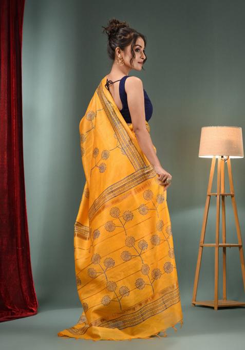 Yellow Woven Floral Print Silk Blend Saree Set