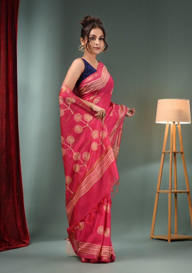 Pink Woven Floral Print Silk Blend Saree Set
