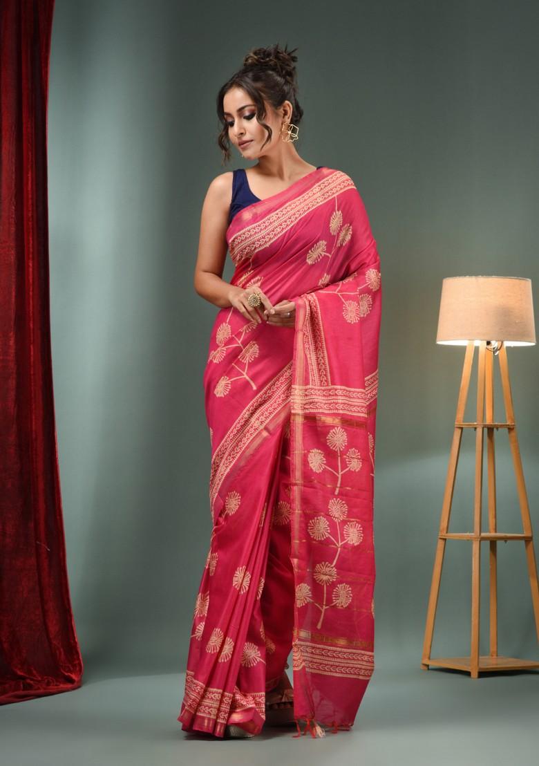 Pink Woven Floral Print Silk Blend Saree Set