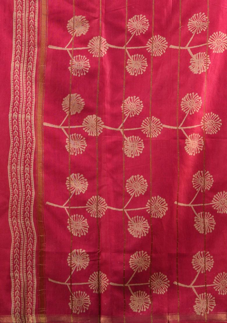Pink Woven Floral Print Silk Blend Saree Set