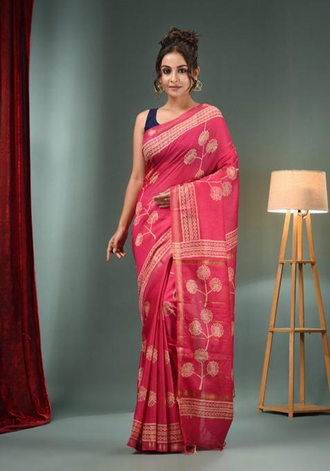 Pink Woven Floral Print Silk Blend Saree Set