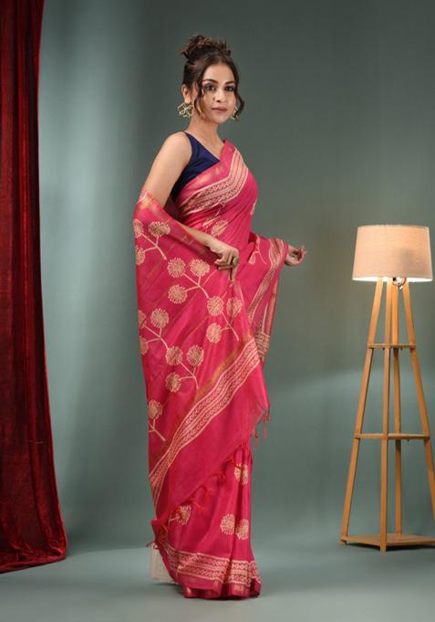 Pink Woven Floral Print Silk Blend Saree Set