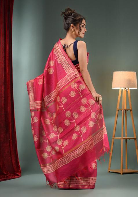 Pink Woven Floral Print Silk Blend Saree Set