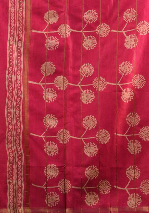 Pink Woven Floral Print Silk Blend Saree Set