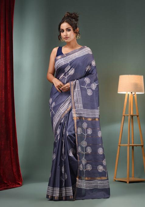 Grey Woven Floral Print Silk Blend Saree Set