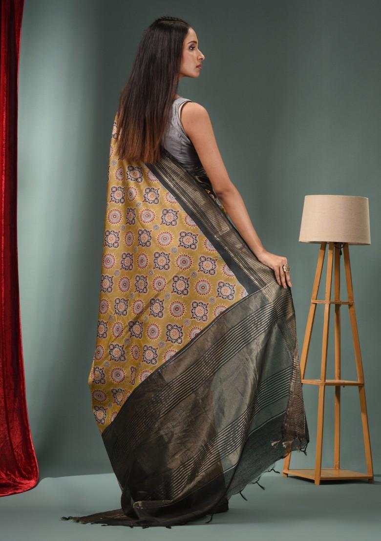 Beige Woven Ajrakh Print Silk Blend Saree Set - Indya
