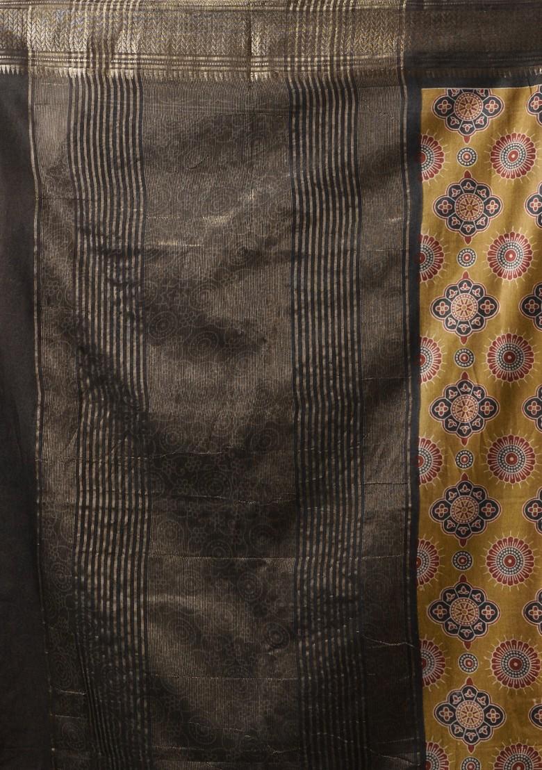 Beige Woven Ajrakh Print Silk Blend Saree Set