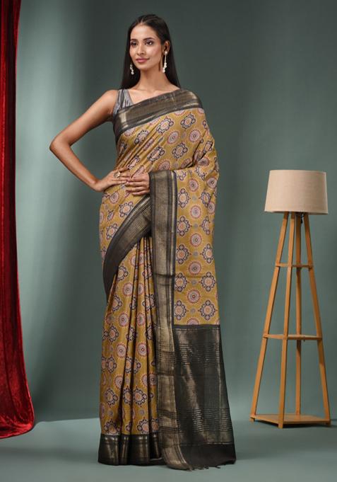 Beige Woven Ajrakh Print Silk Blend Saree Set