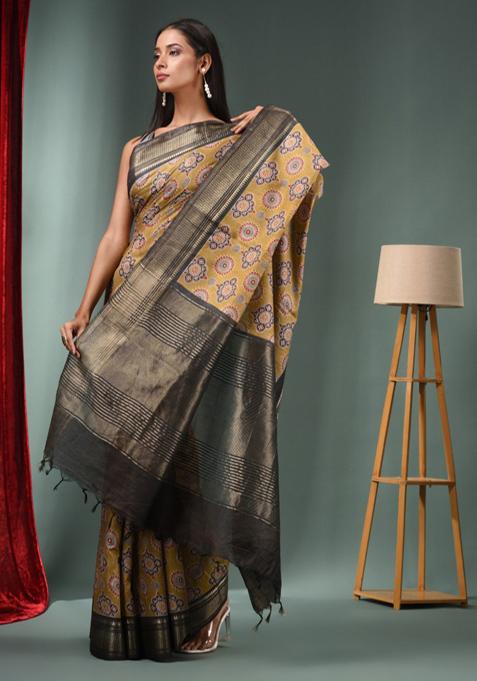 Beige Woven Ajrakh Print Silk Blend Saree Set