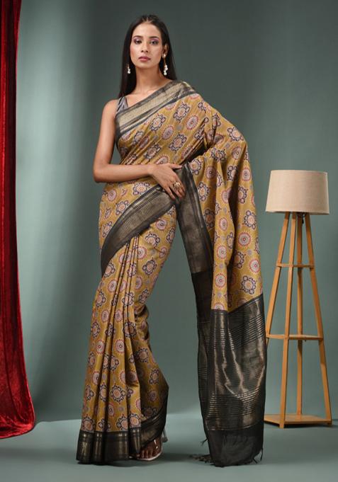 Beige Woven Ajrakh Print Silk Blend Saree Set