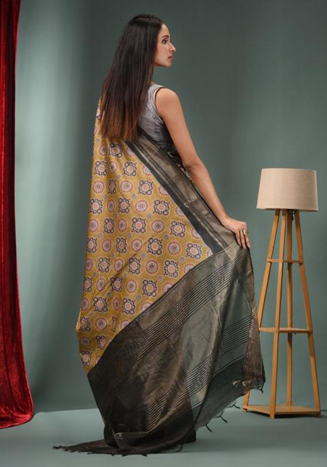 Beige Woven Ajrakh Print Silk Blend Saree Set