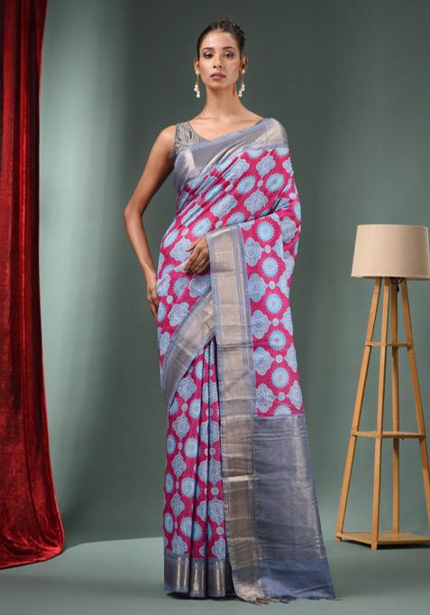 Magenta Woven Ajrakh Print Silk Blend Saree Set