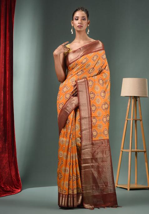 Yellow Woven Ajrakh Print Silk Blend Saree Set