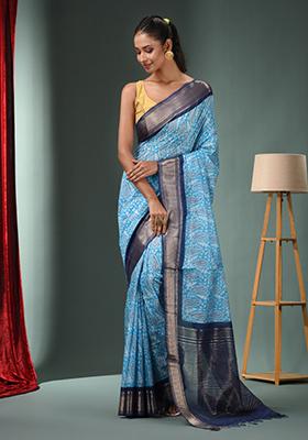 Sky Blue Woven Ajrakh Print Silk Blend Saree Set