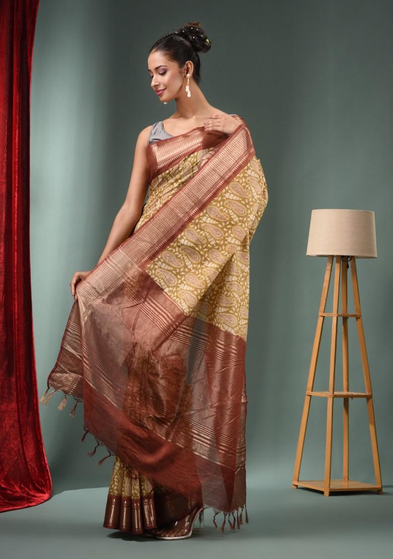 Mehendi Green Woven Ajrakh Print Silk Blend Saree Set