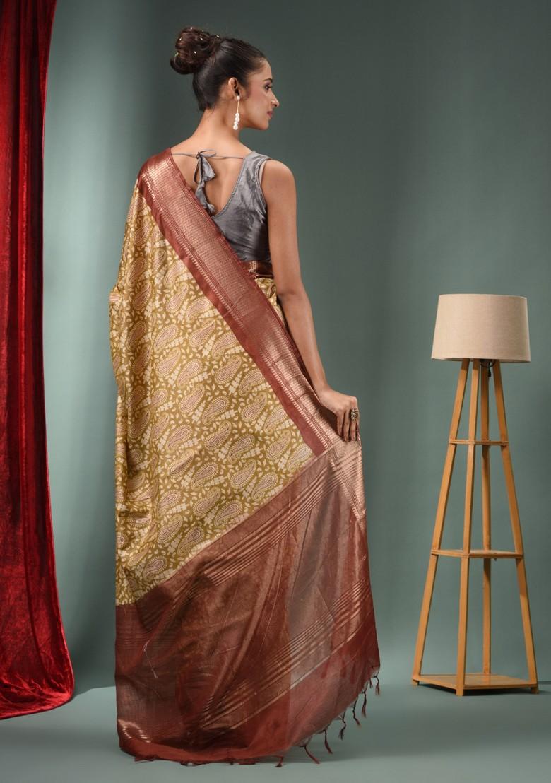 Mehendi Green Woven Ajrakh Print Silk Blend Saree Set - Indya