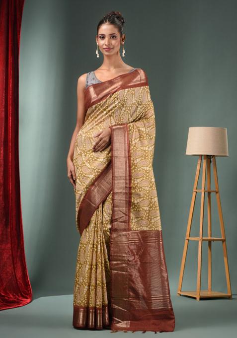 Mehendi Green Woven Ajrakh Print Silk Blend Saree Set