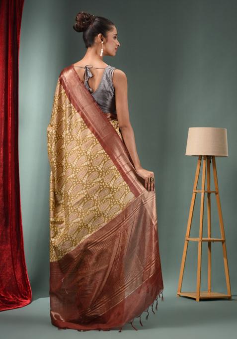 Mehendi Green Woven Ajrakh Print Silk Blend Saree Set