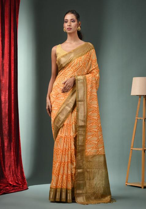 Honey Yellow Woven Ajrakh Print Silk Blend Saree Set