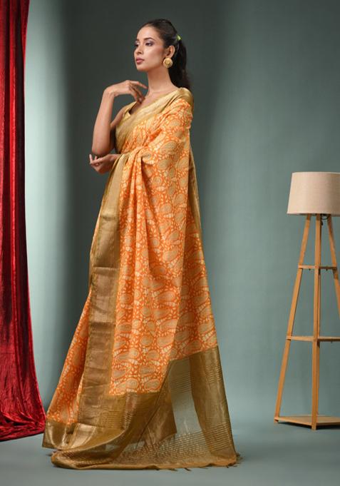 Honey Yellow Woven Ajrakh Print Silk Blend Saree Set