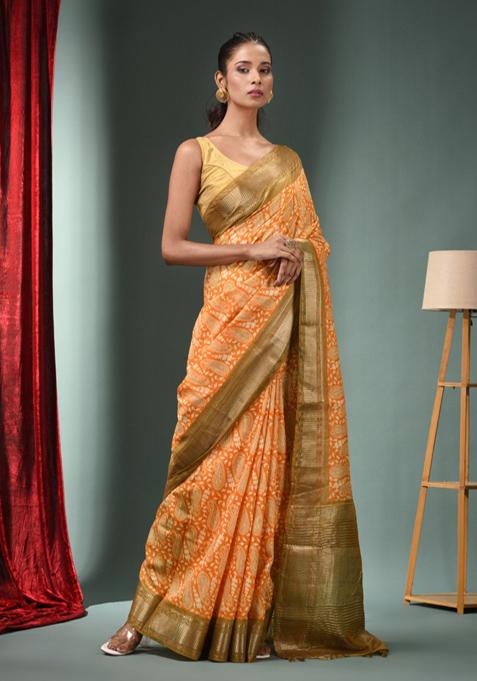 Honey Yellow Woven Ajrakh Print Silk Blend Saree Set