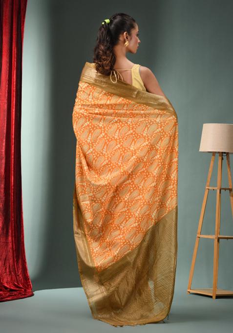 Honey Yellow Woven Ajrakh Print Silk Blend Saree Set