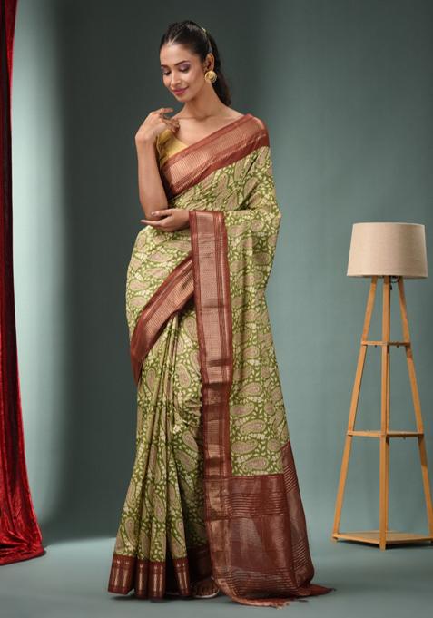 Green Woven Ajrakh Print Silk Blend Saree Set