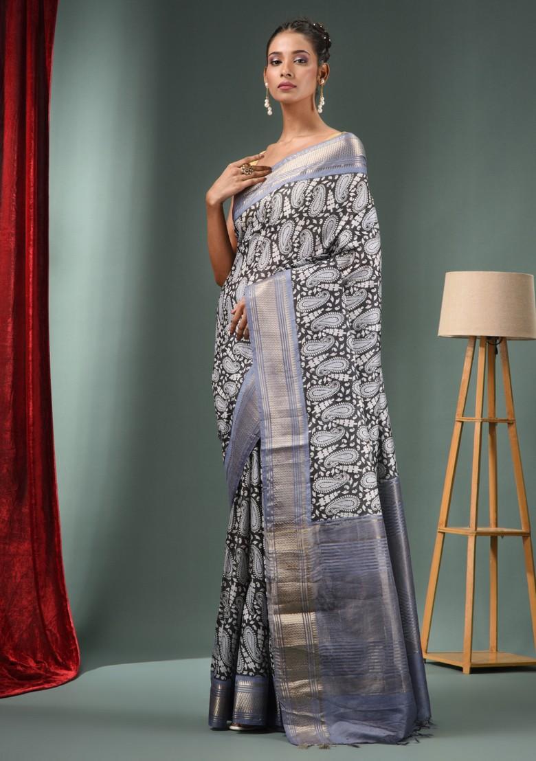 Charcoal Woven Ajrakh Print Silk Blend Saree Set - Indya