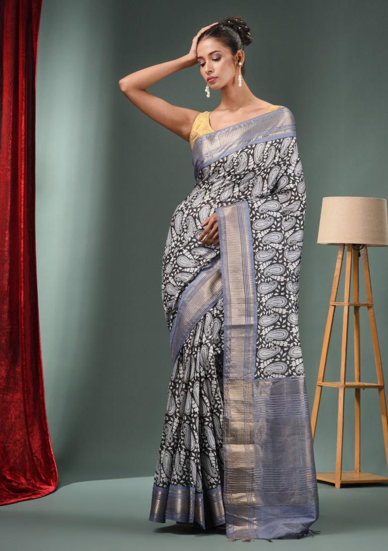 Charcoal Woven Ajrakh Print Silk Blend Saree Set