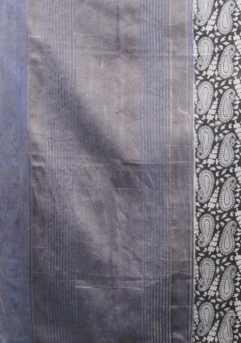 Charcoal Woven Ajrakh Print Silk Blend Saree Set