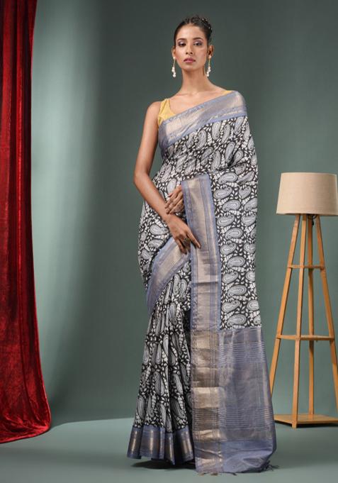 Charcoal Woven Ajrakh Print Silk Blend Saree Set