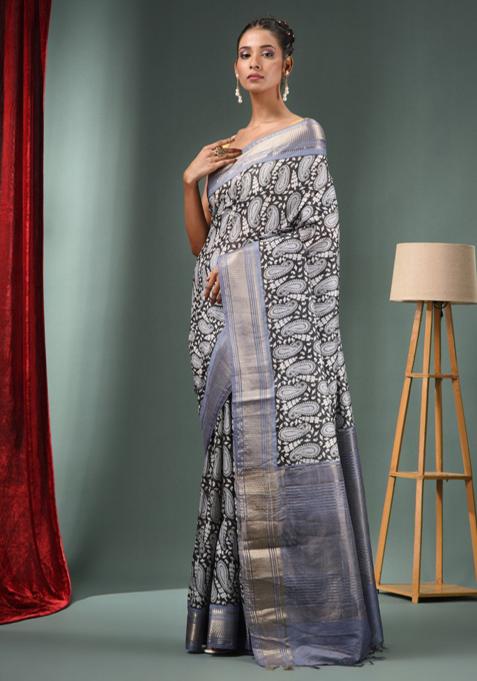 Charcoal Woven Ajrakh Print Silk Blend Saree Set