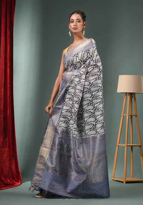 Charcoal Woven Ajrakh Print Silk Blend Saree Set