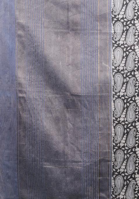 Charcoal Woven Ajrakh Print Silk Blend Saree Set