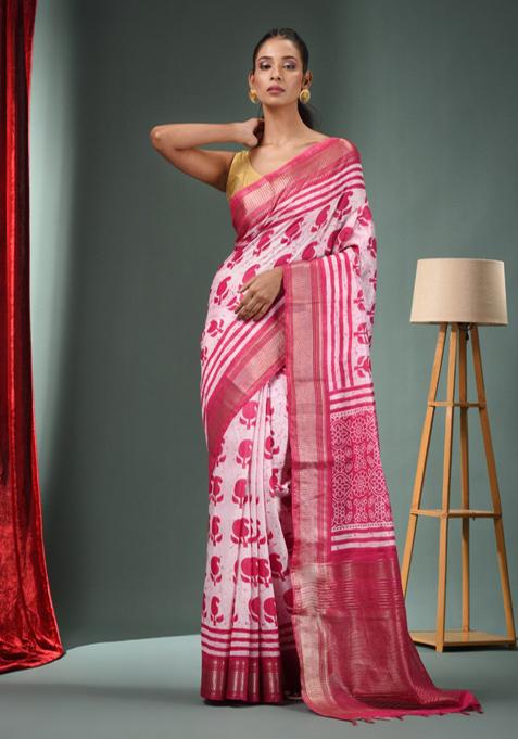 White Zari Woven Silk Blend Saree Set