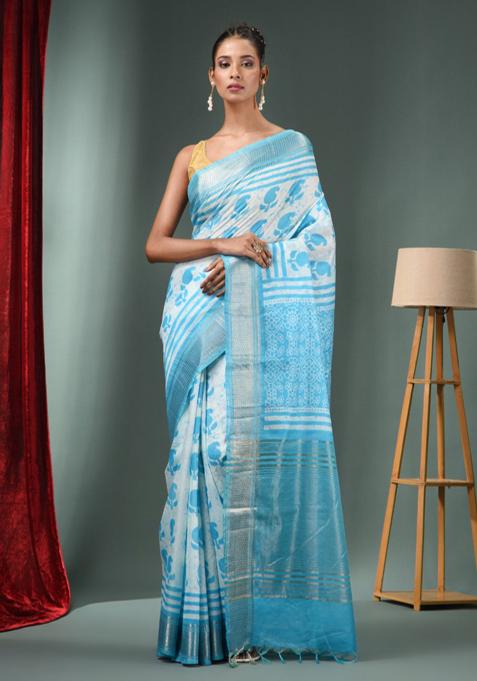 Sky Blue Zari Woven Silk Blend Saree Set